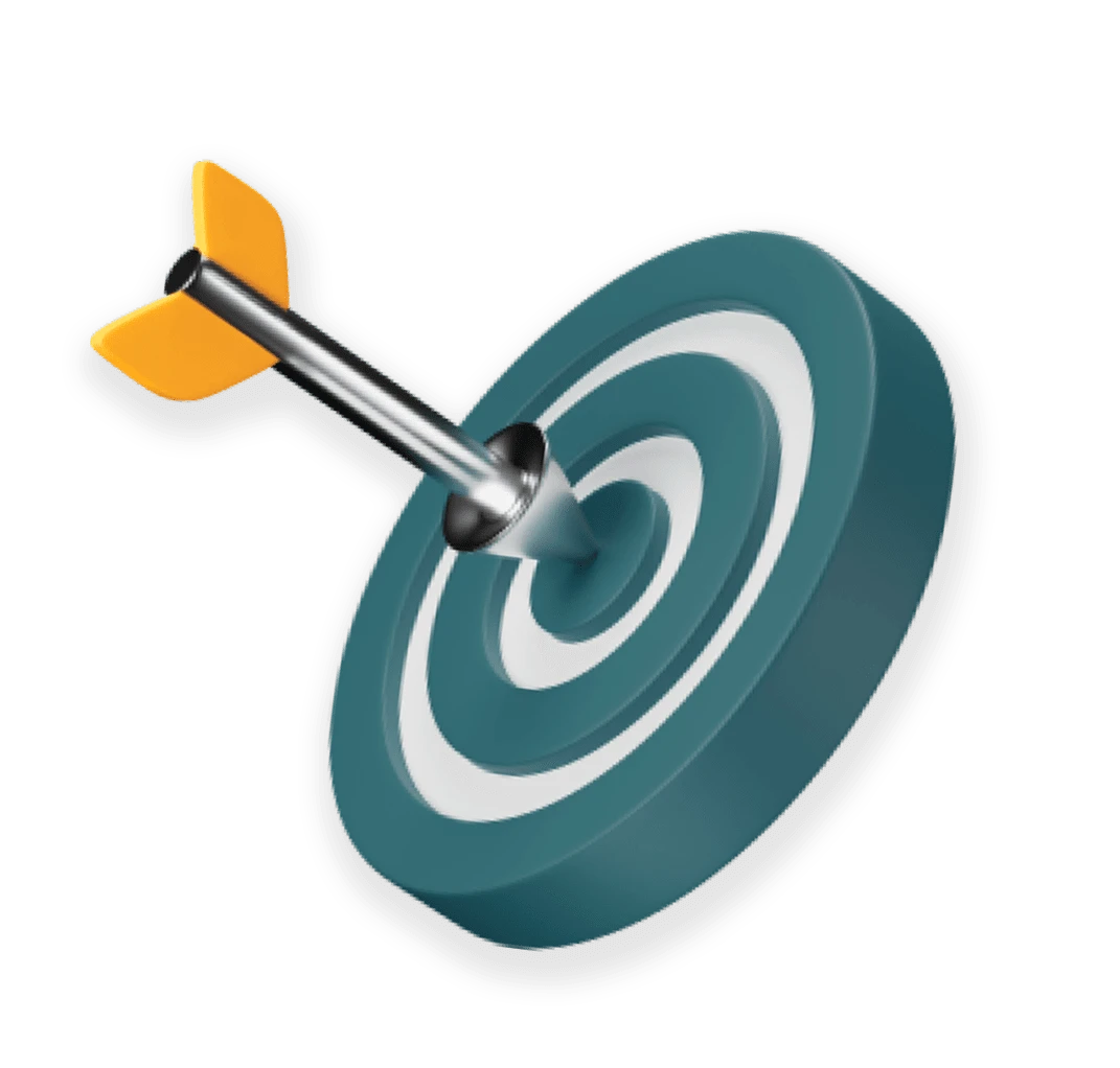 Three-dimensional illustration of a dartboard with concentric circles in teal and white. A dart with an orange tip is embedded in the center, symbolizing precision and goal achievement.